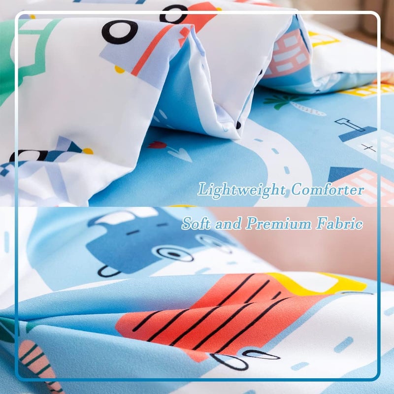 PERFEMET 4-Piece Toddler Bedding Set Boys Cars Toddler Comforter with Sheets Reversible Lightweight Blue Vehicles Toddler Bed Set for Crib(Blue, Cars) - Image 5